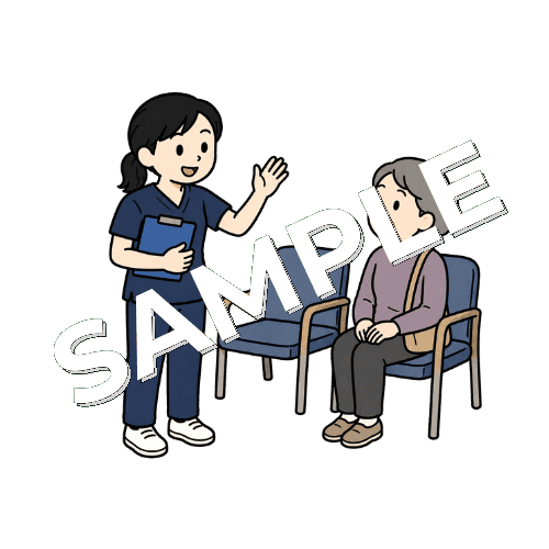 待合室で患者を名前で呼ぶ女性柔道整復師のイラスト