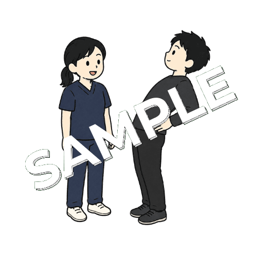 患者の腰の反らし動作を確認する女性柔道整復師のイラスト