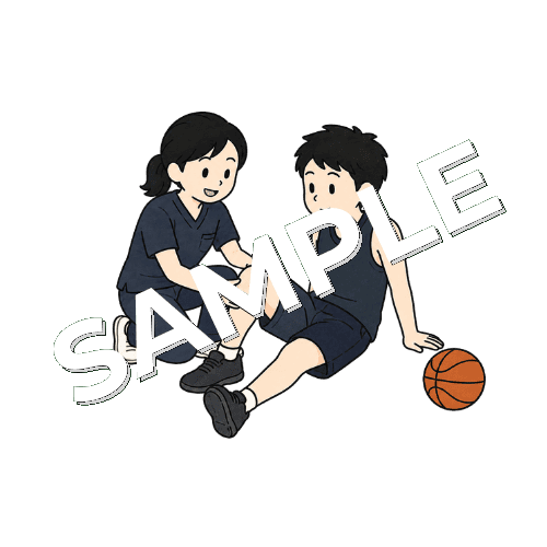 バスケットボール選手の膝を確認する女性柔道整復師のイラスト