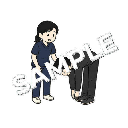 患者の腰の前屈動作を確認する女性柔道整復師のイラスト