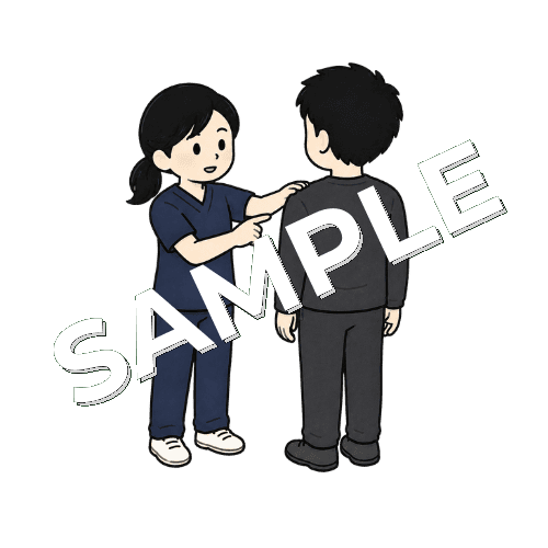 患者の左右の肩の高さを確認する女性柔道整復師のイラスト