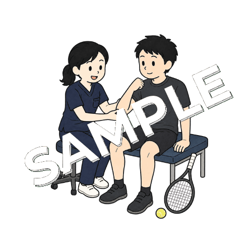 テニス選手の肘を確認する女性柔道整復師のイラスト
