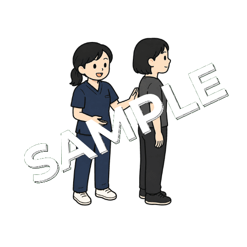町内イベントで姿勢チェックを行う女性柔道整復師のイラスト