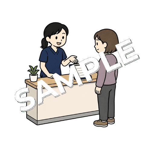 受付で患者に問診票の記入を案内する女性柔道整復師のイラスト
