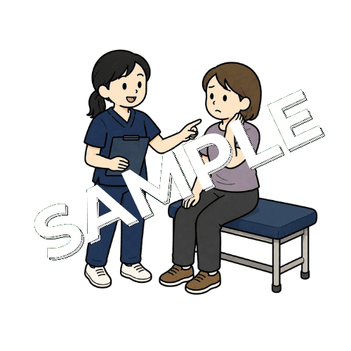 むち打ち症状の患者に施術計画を説明する女性柔道整復師のイラスト