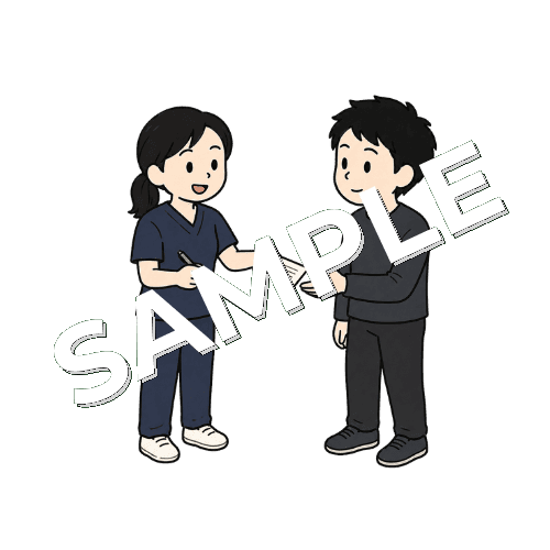 患者に自宅での注意点をメモに書いて渡す女性柔道整復師のイラスト