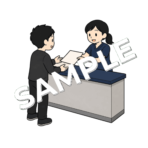 新患用の問診票を受付で渡す女性柔道整復師のイラスト