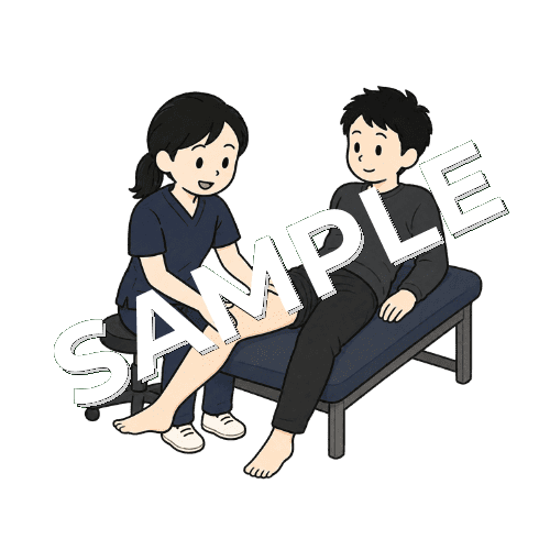 患者のふとももの筋肉を触診する女性柔道整復師のイラスト