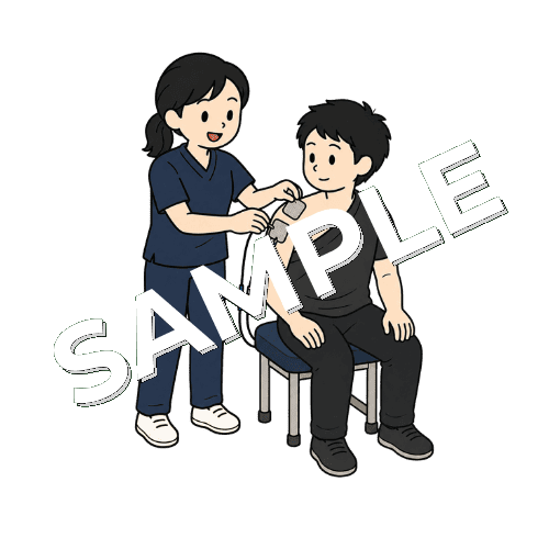 患者の肩に低周波治療器のパッドを貼る女性柔道整復師のイラスト