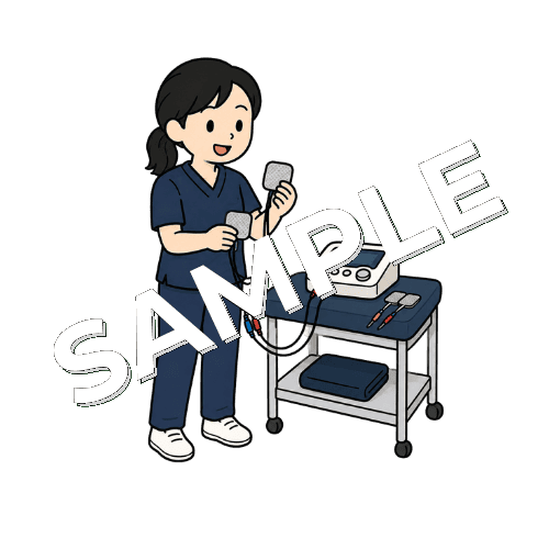 低周波治療器のパッドを準備する女性柔道整復師のイラスト