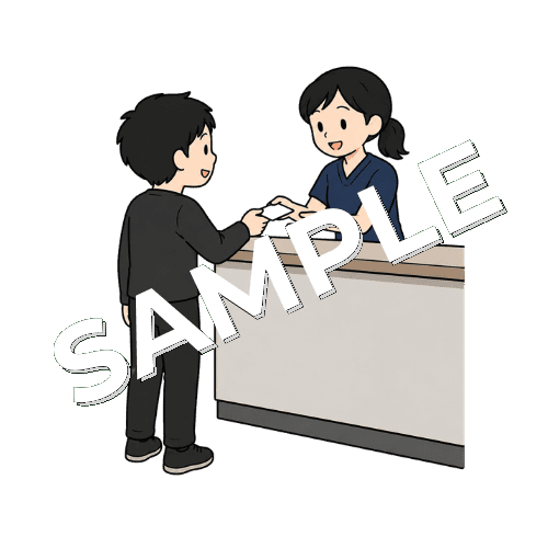 受付で診察券を受け取る女性柔道整復師のイラスト