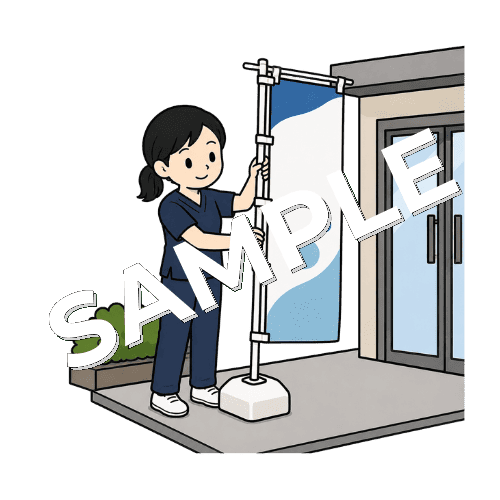 院前でキャンペーンののぼりを立てる女性柔道整復師のイラスト