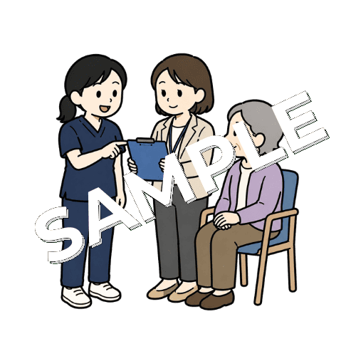 ケアマネジャーと利用者の身体状況を共有する女性柔道整復師のイラスト