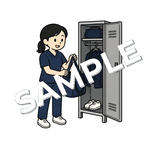 退勤前にロッカーから荷物を取り出す女性柔道整復師のイラスト