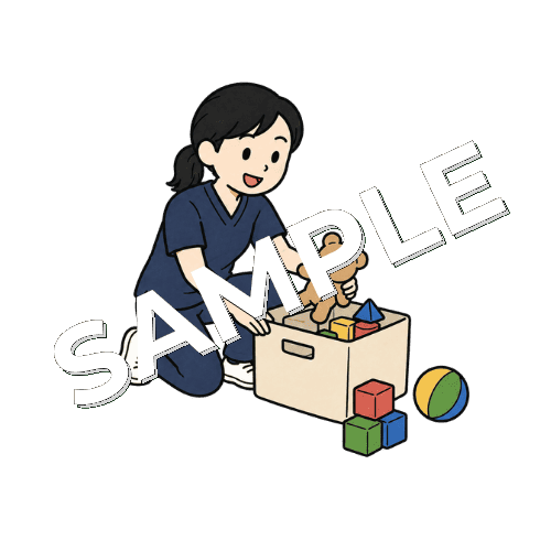 キッズスペースのおもちゃを片付ける女性柔道整復師のイラスト