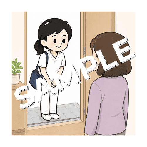 玄関で訪問先に挨拶する女性言語聴覚士のイラスト