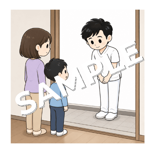 玄関で訪問先に挨拶する男性言語聴覚士のイラスト