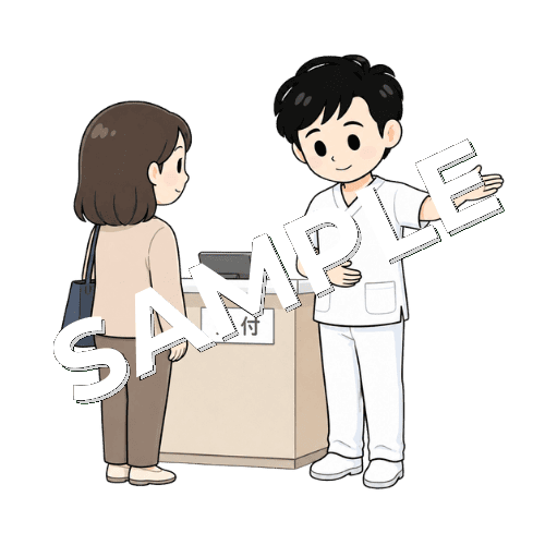 受付で患者を案内する男性言語聴覚士のイラスト