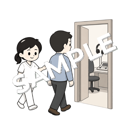 聴覚検査室に案内する女性言語聴覚士のイラスト