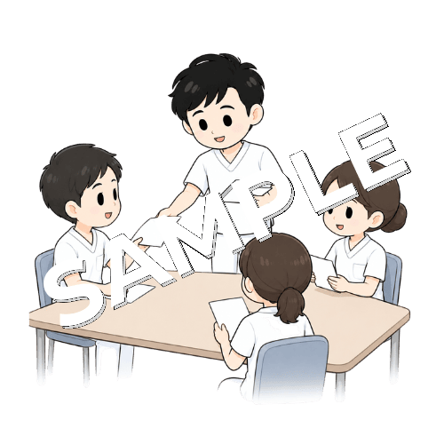 カンファレンスで資料を配る男性言語聴覚士のイラスト