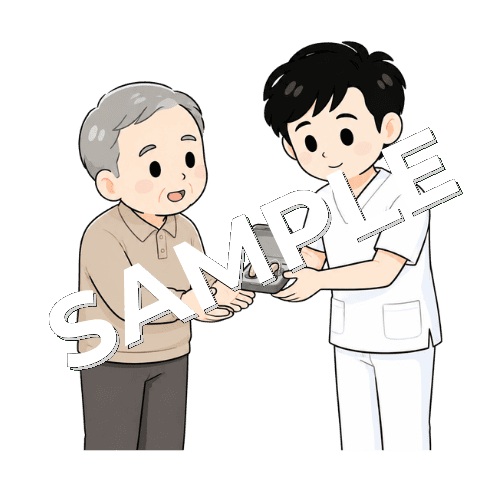 補聴器ケースを渡す男性言語聴覚士のイラスト