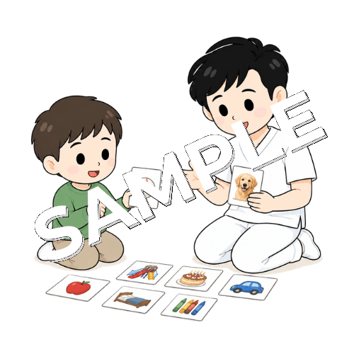 写真カードを使って会話する男性言語聴覚士のイラスト