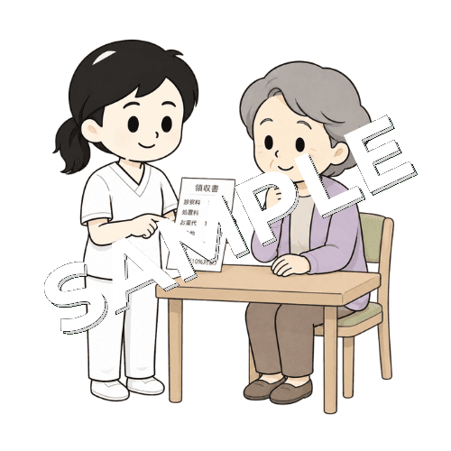 レシートを見ながら会話する女性言語聴覚士のイラスト
