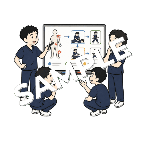 ホワイトボードを囲んで患者対応を相談する柔道整復師チームのイラスト