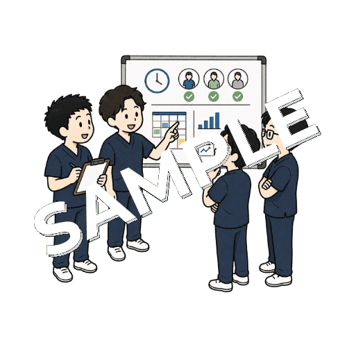 終礼で一日の振り返りをする柔道整復師チームのイラスト
