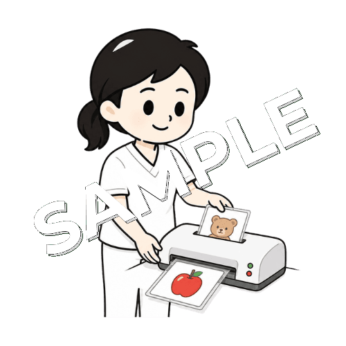 絵カードをラミネートする女性言語聴覚士のイラスト