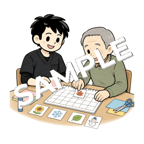 認知症患者とカレンダー作りをする男性作業療法士のイラスト