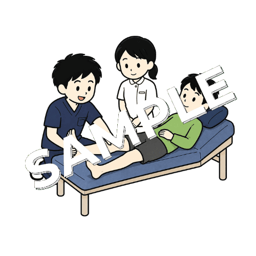 看護師とベッドサイドで患者の足の状態を確認する男性柔道整復師のイラスト