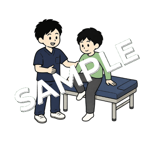 患者が施術ベッドに乗るのを介助する男性柔道整復師のイラスト