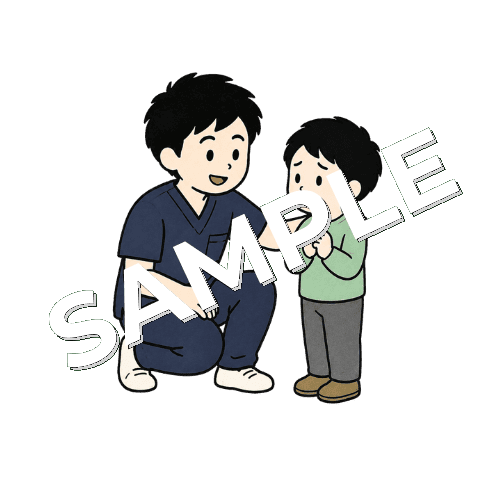 不安そうな患者を落ち着かせる男性柔道整復師のイラスト