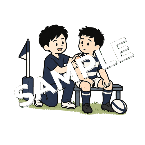 ラグビー選手の肩をサイドラインで確認する男性柔道整復師のイラスト
