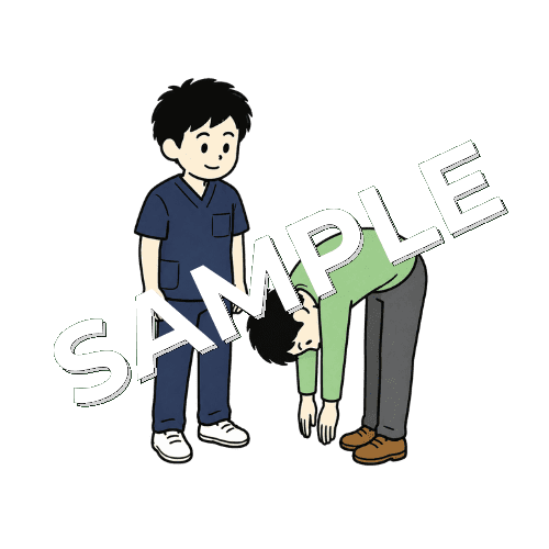 患者の腰の前屈動作を確認する男性柔道整復師のイラスト