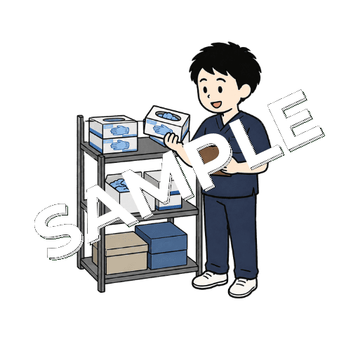 医療用手袋の在庫を確認する男性柔道整復師のイラスト