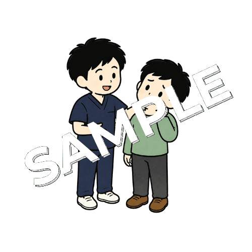寝違えた患者の首の動きを確認する男性柔道整復師のイラスト