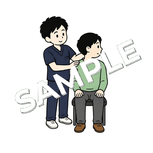 患者の首の回旋可動域を確認する男性柔道整復師のイラスト