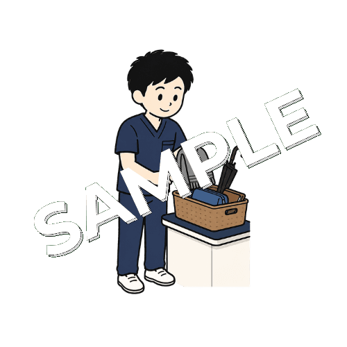 患者の忘れ物を確認する男性柔道整復師のイラスト
