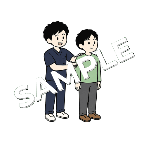 患者の肩の姿勢を確認する男性柔道整復師のイラスト