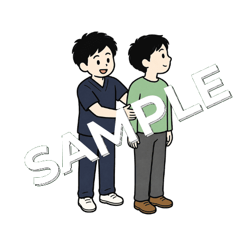 患者の肋骨周りの動きを確認する男性柔道整復師のイラスト
