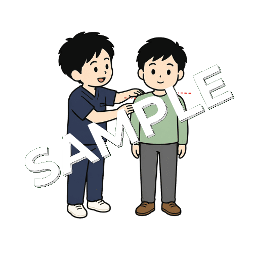 患者の左右の肩の高さを確認する男性柔道整復師のイラスト