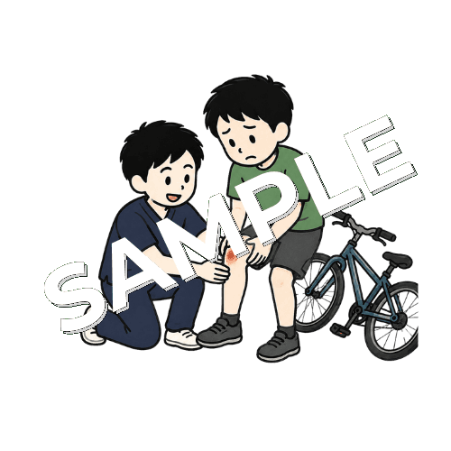 自転車で転倒した患者の膝を確認する男性柔道整復師のイラスト