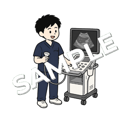 エコー画像をモニターで確認する男性柔道整復師のイラスト