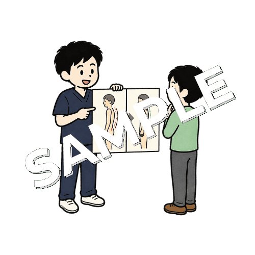 姿勢写真のビフォーアフターを比較する男性柔道整復師のイラスト