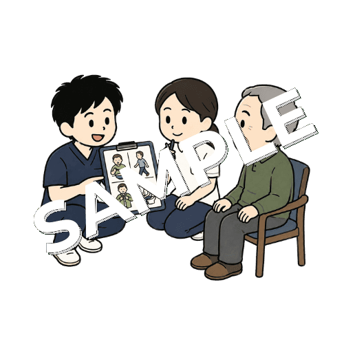 作業療法士と患者の生活動作について話し合う男性柔道整復師のイラスト