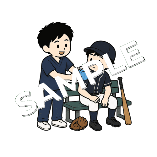 野球場のベンチで選手の肩を冷やす男性柔道整復師のイラスト