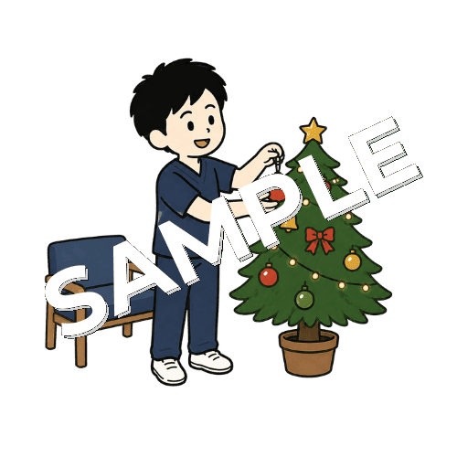 クリスマスツリーを待合室に飾る男性柔道整復師のイラスト