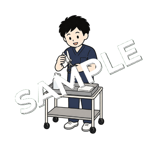 テーピング用のハサミを消毒する男性柔道整復師のイラスト